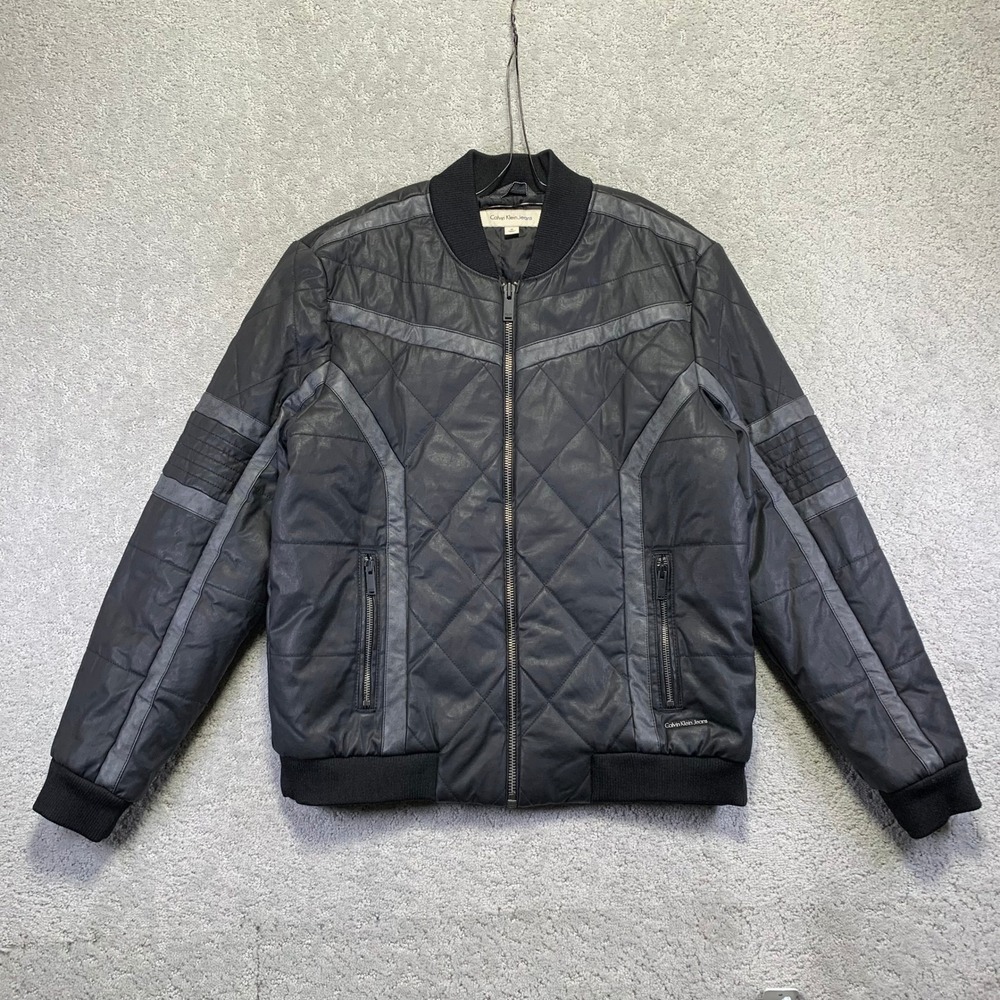 Calvin Klein Jeans Jacket Mens Medium Black Grey Quilted Motorcycle Bomber Biker